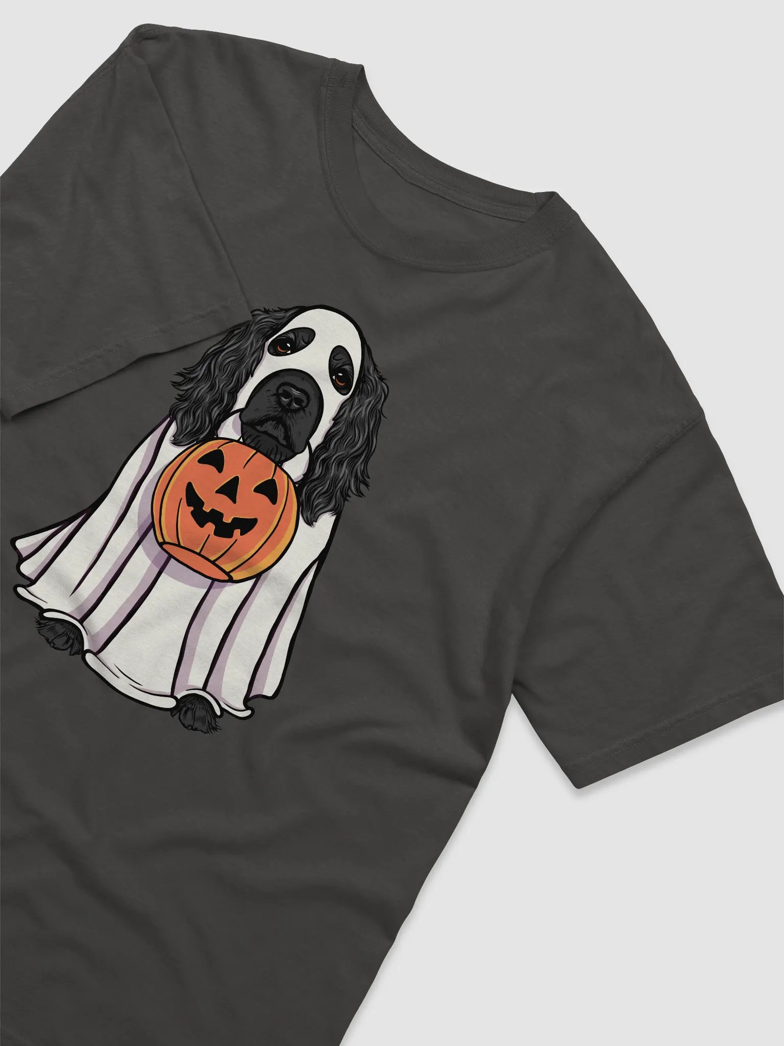 Funny Halloween Cocker Spaniel(Black) T-Shirt | Funny Cocker Spaniel Wearing a Ghost Costume and Holding a Pumpkin Basket product image (6)