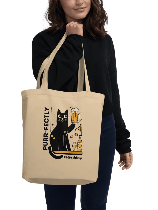 Purr-fectly Refreshing - Cat Holding a Beer, Hand-drawn Eco-Friendly Tote Bag product image (2)