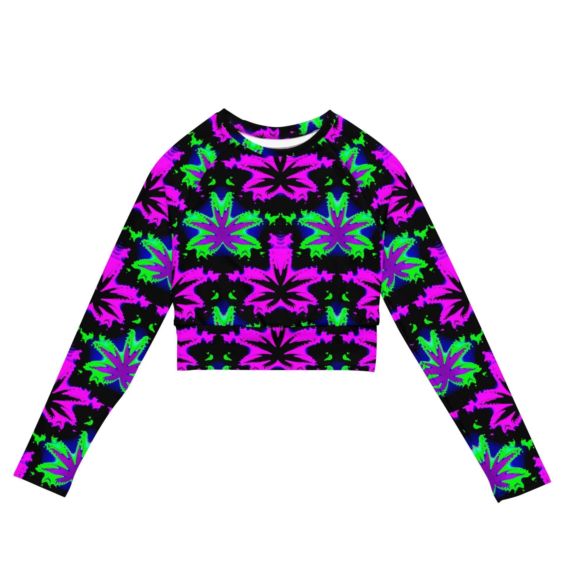 Neon Raver Reefer Stoner Summer Recycled Long-Sleeve Crop Top, Black Hot Pink Green Ganja Weed Shirt, 420 Cannabis Festival Pot Leaf Fashion product image (1)