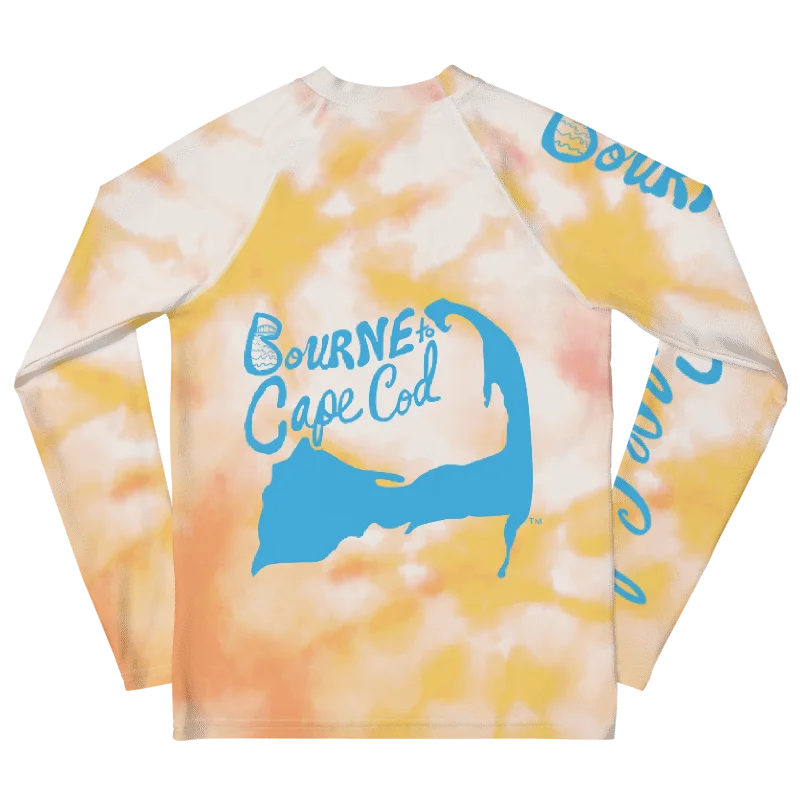YOUTH | Rash Guard | BRN.2C.C.™ Front Graphic | BOURNE to Cape Cod™ Sleeve & Back Logo | Coastal Swim Shirt for Kids | UV Protection Activewear | Blue Logo on Orange Tie-Dye product image (9)
