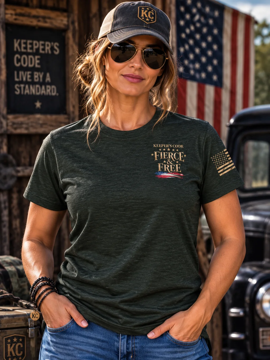 Keeper’s Code™ Women’s Fierce & Free Wolf Patriotic Graphic T-Shirt product image (15)