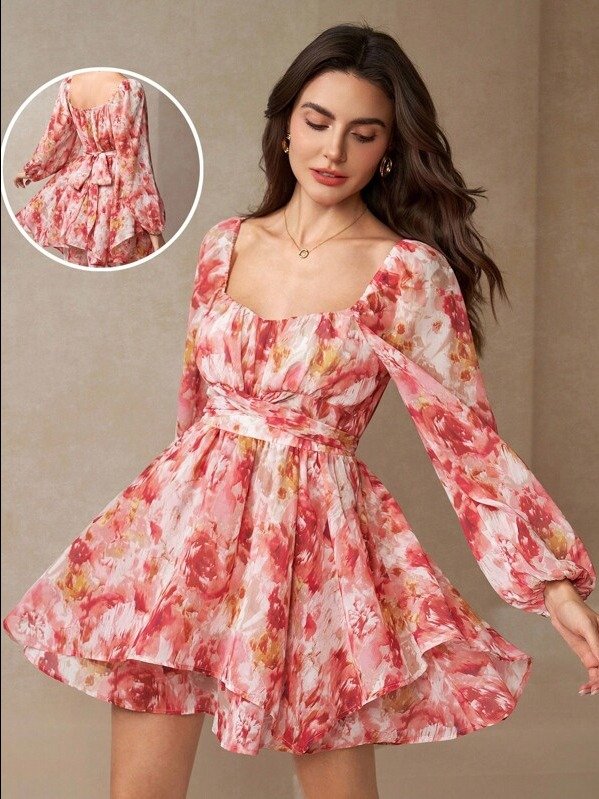 ADLEST Women's Floral Chiffon Print Elegant Romantic Graceful Neck Ruffle Sleeve Layered Hem Jumpsuit, Slimmingvestido Festa Juninabeach Beach Outfits For Woman Tea Party Dress product image (1)