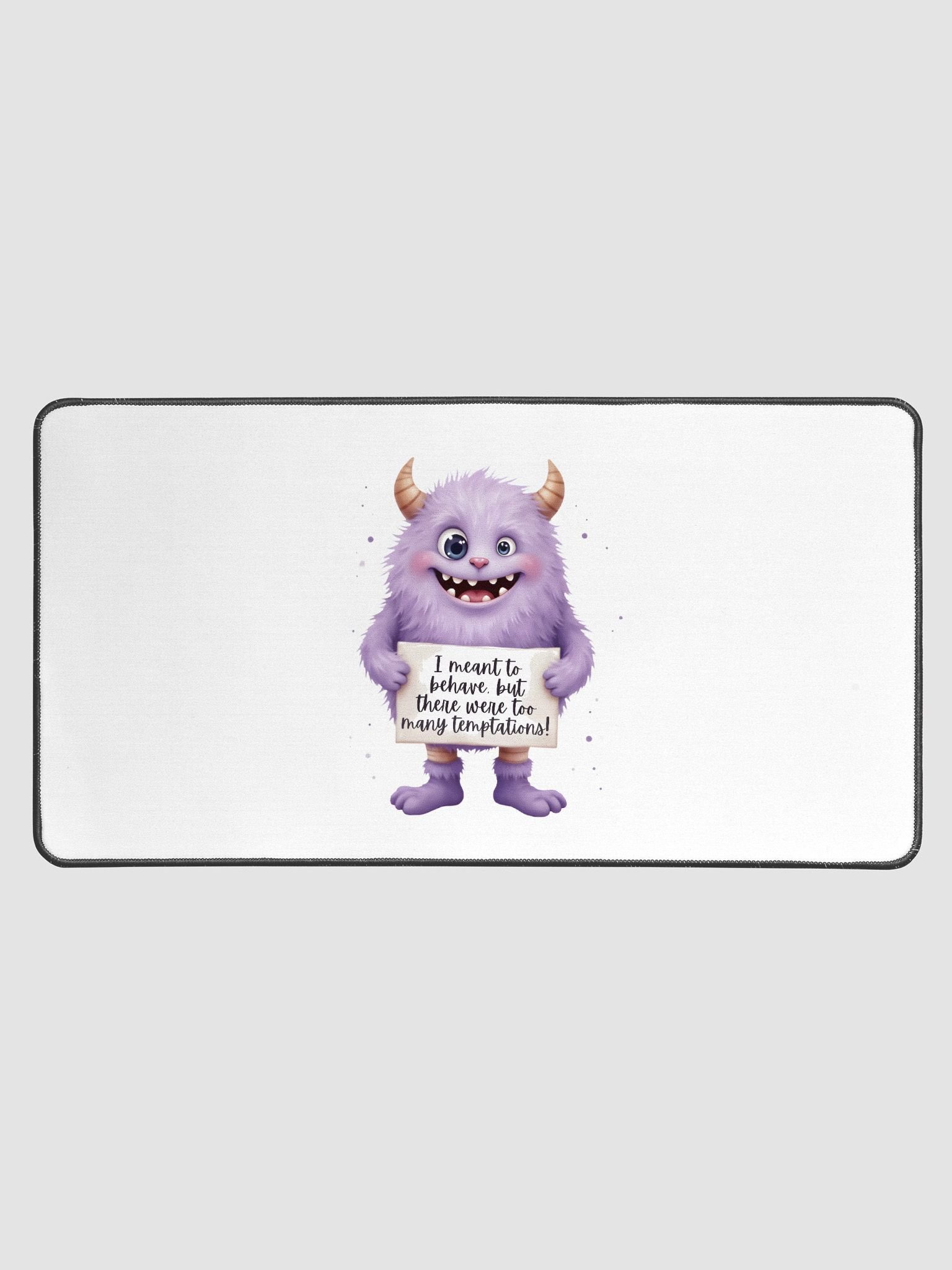 Purple Monster Desk Mat | "Too Many Temptations" Funny Office Décor | Sarcastic Workspace Mousepad product image (1)