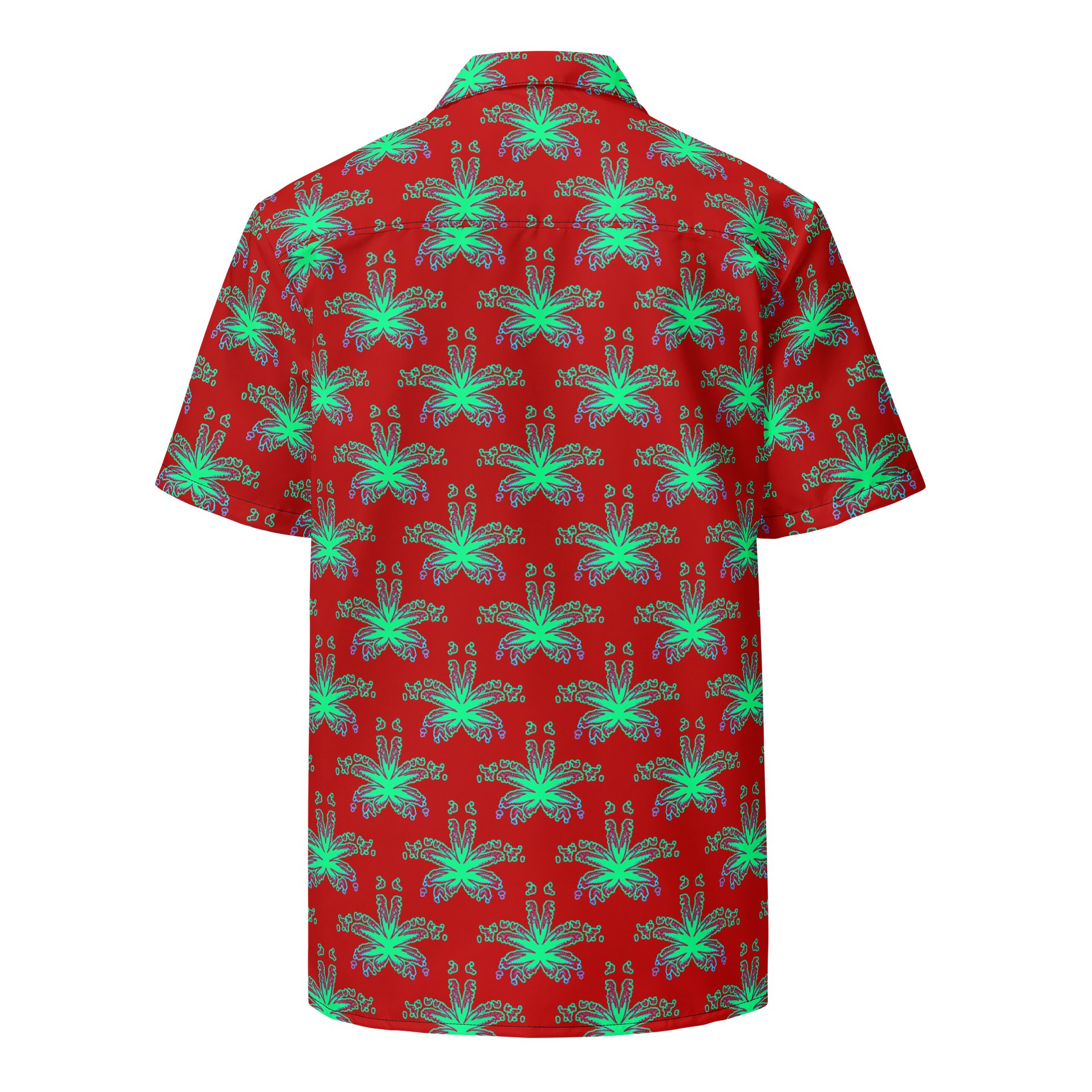 Red Weed Leaf Cannabis Beach Button Shirt, 420 Summertime Stoner Festival Clothing, Green Ganja Pot Leaves Pattern Weedy Weirdo Fashion product image (2)
