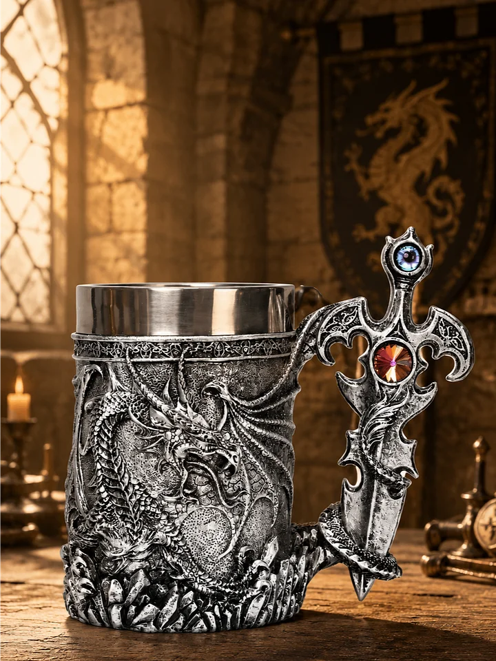 The Armored Kingdom Silver Sentinel Dragon Mug-Fantasy-Gothic-Regal-Stainless Steel product image (1)