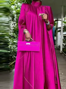 Women's Elegant Satin Pleated Maxi Dress, Stand Collar Long Sleeve Evening Party Dress, Loose Fit Autumn Wedding Guest Cocktail Gown product image (8)