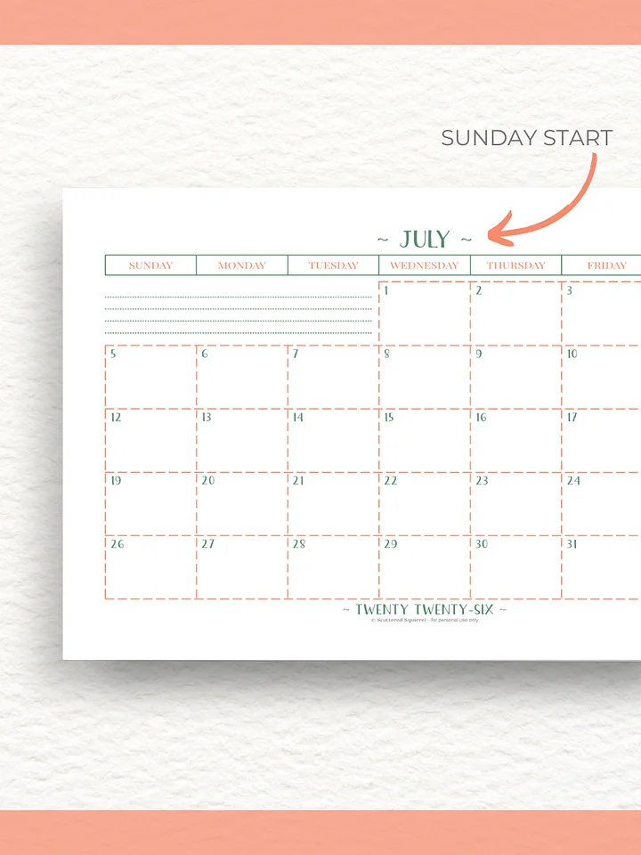 Peachy Green - 26/27 Calendar - Single Page per Month - Half Letter Size product image (2)