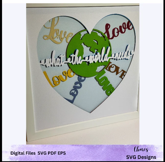 3D SVG 'What The World Needs' Heart-Shaped Earth Embraced by Love Layered Shadow Box Design product image (4)