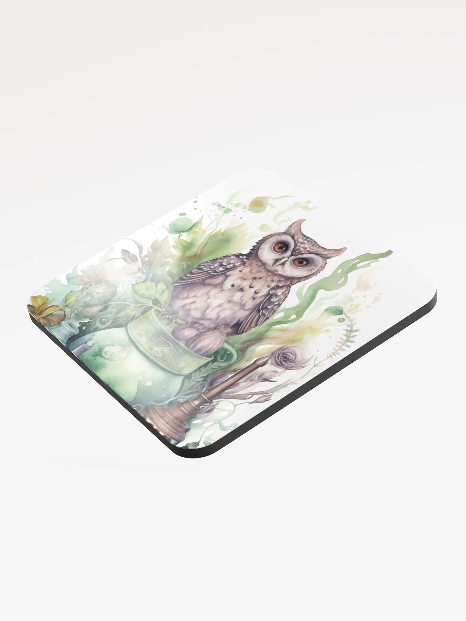 Glossed Cork Coaster 🦉 Peaceful Green Theme - Owls Vibes - Motif 3 product image (3)