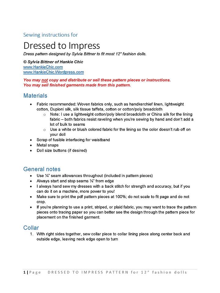 Dressed to Impress sewing pattern for 12" fashion dolls product image (2)