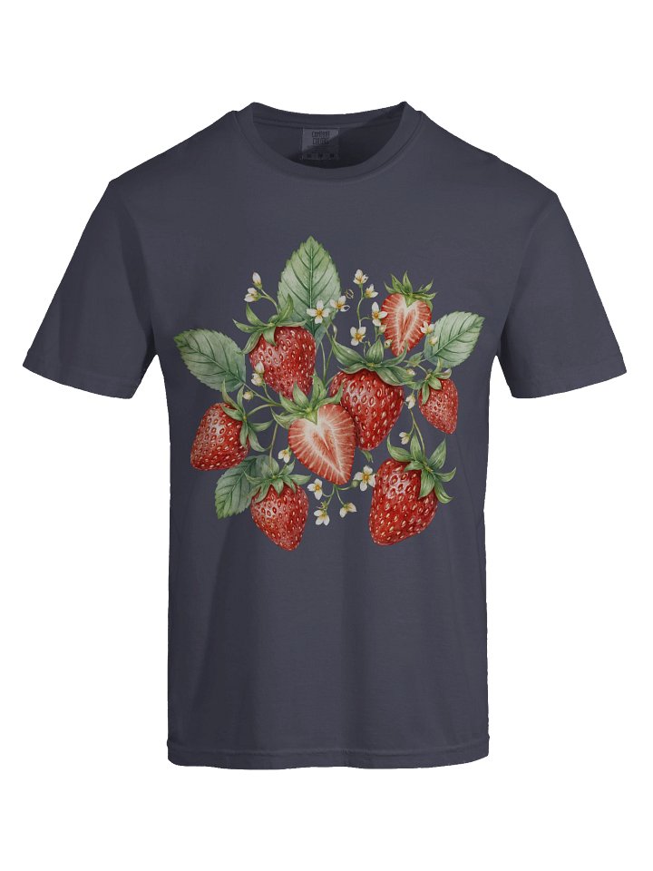 Vintage strawberry shirt for women on a Comfort Colors unisex tee with watercolor berries, blossoms, green leaves, and cottagecore summer fruit style. product image (7)