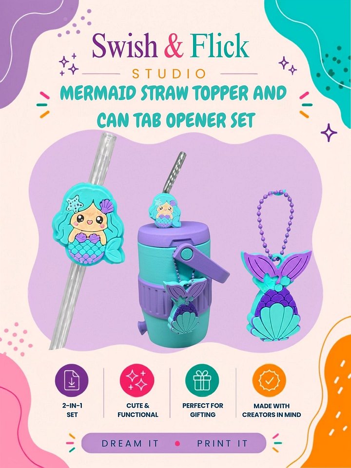 Mermaid Straw Topper & Can Tab Opener Set | 2 Straw Sizes Included | Cute Kawaii Summer Drink Accessory | 3MF Digital File product image (1)