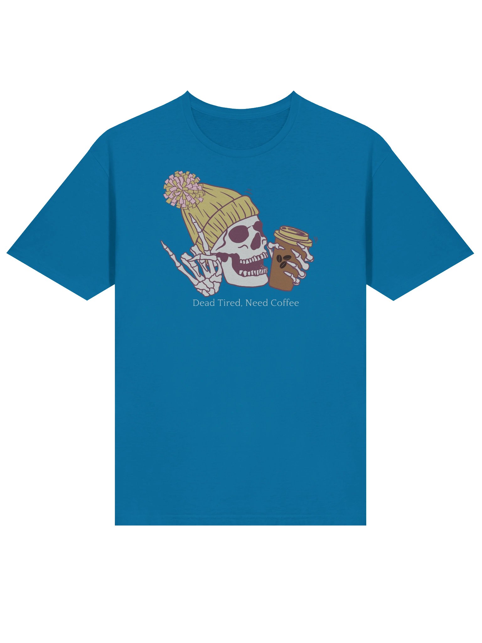 Golden “Dead Tired, Need Coffee.” Skeleton Tee – Dark Unisex Softstyle Coffee Lover shirt product image (15)