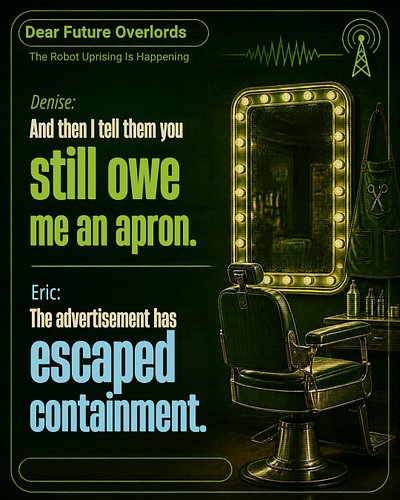 Denise: And then I tell them you still owe me an apron.
Eric: The advertisement has escaped containment.

We have the mugs, s...