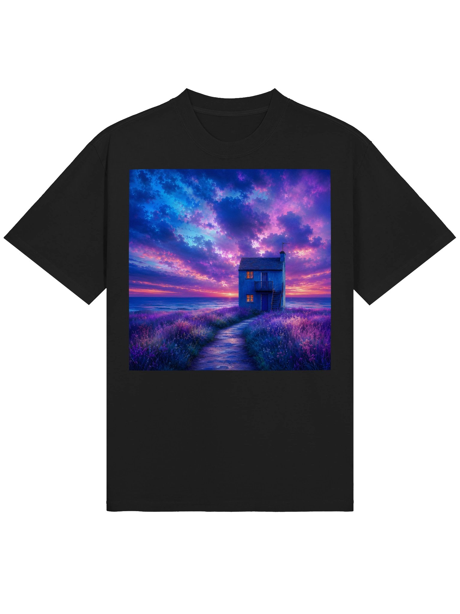 Mystical Ocean Sunset Cottage T-Shirt | Purple Blue Coastal Dreamscape Shirt product image (2)