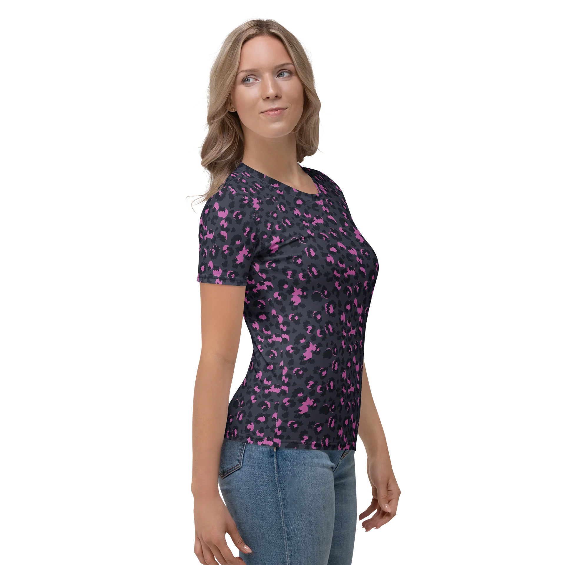 Pink Leopard Print Women's Crew Neck T-Shirt product image (4)