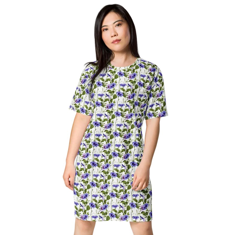 Woman Floral White Seamless T-Shirt Dress | Morning Glory Flower product image (4)
