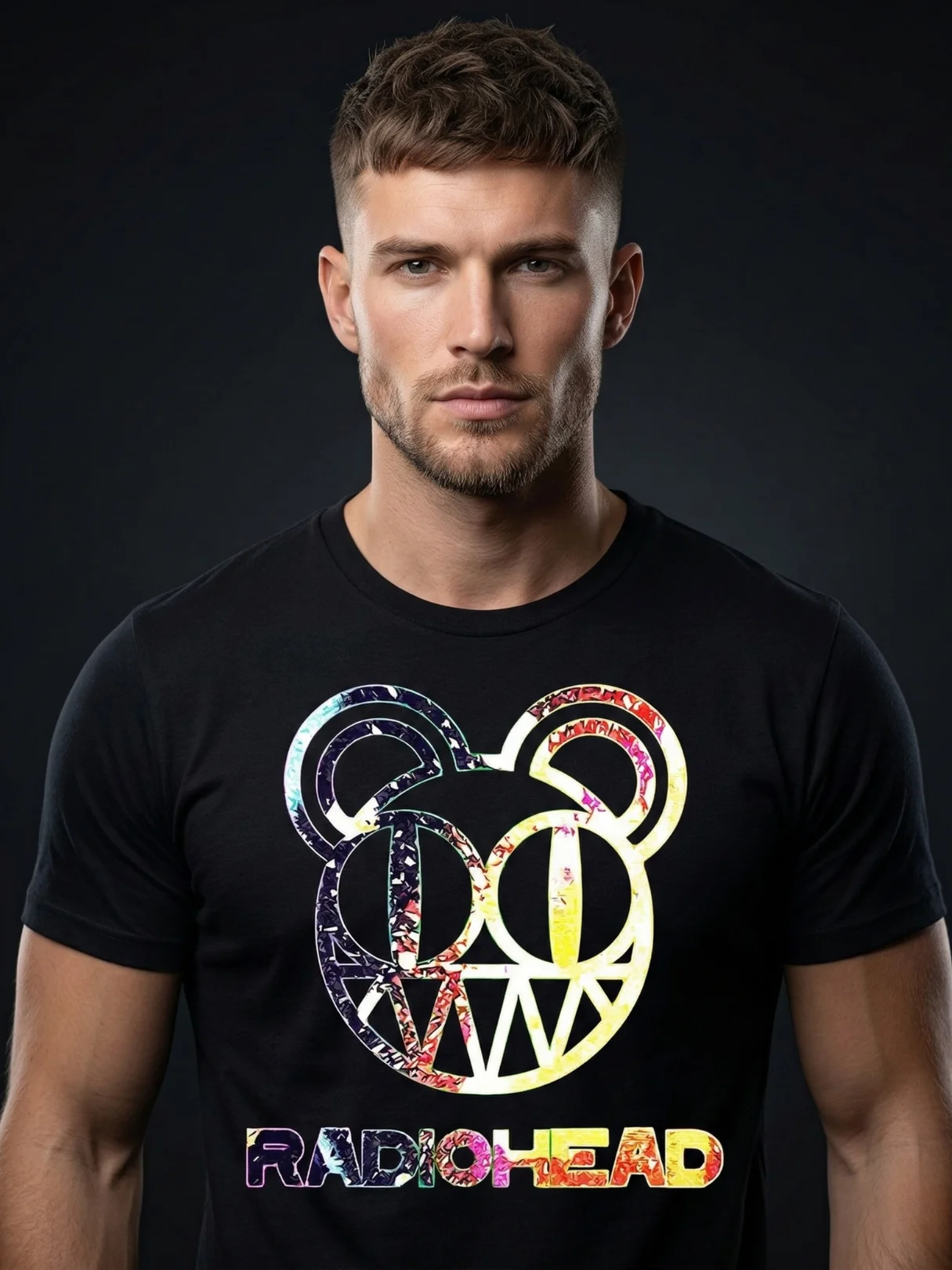 Radiohead Bear Logo T-Shirt | Modified Bear Neon Rainbow Graphic Tee | Kid A Alternative Rock Collector Band Shirt product image (1)
