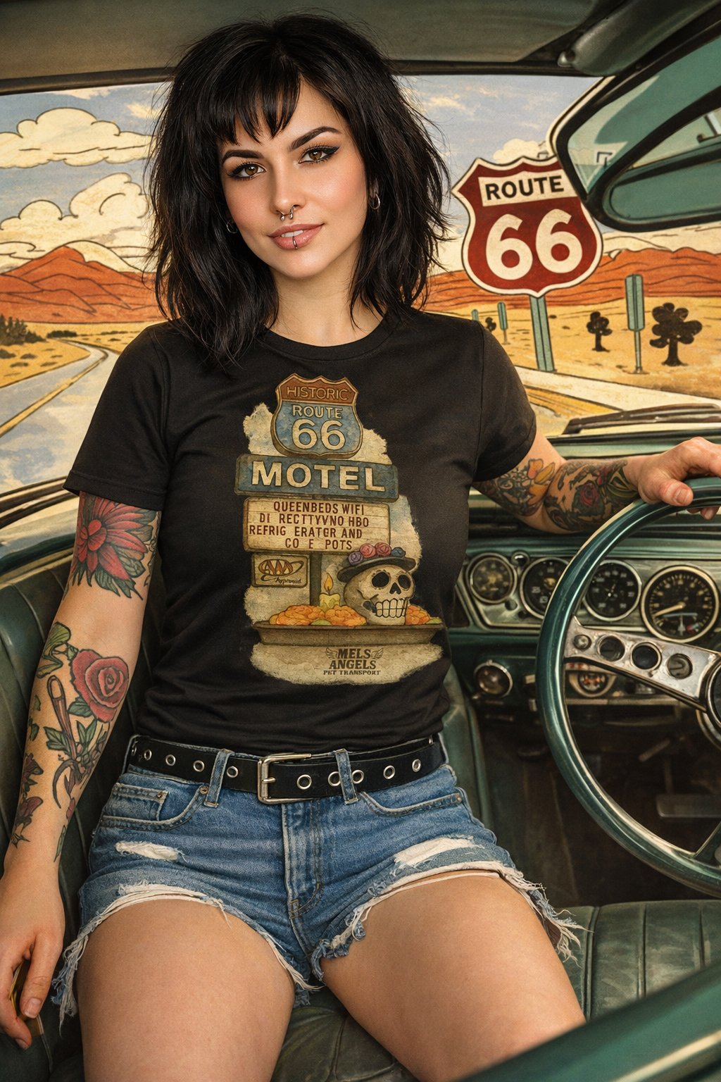 Route 66 Motel Skull T-Shirt – Vintage Día de los Muertos Inspired Graphic Tee | Bella Canvas Unisex product image (8)