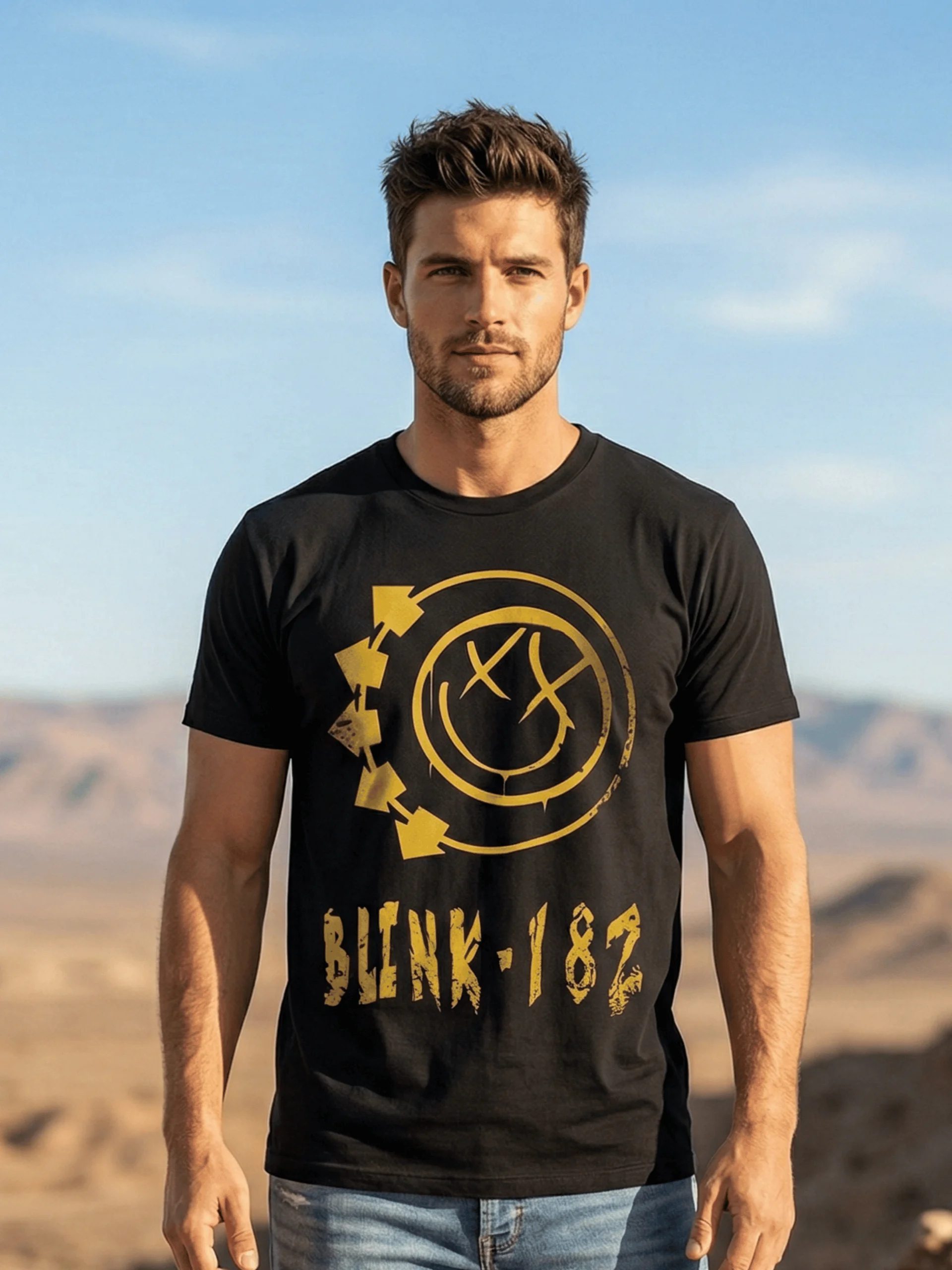 Blink-182 Smiley Face T-Shirt | Distressed Gold Logo Graphic Tee | Pop Punk Collector Band Shirt product image (1)