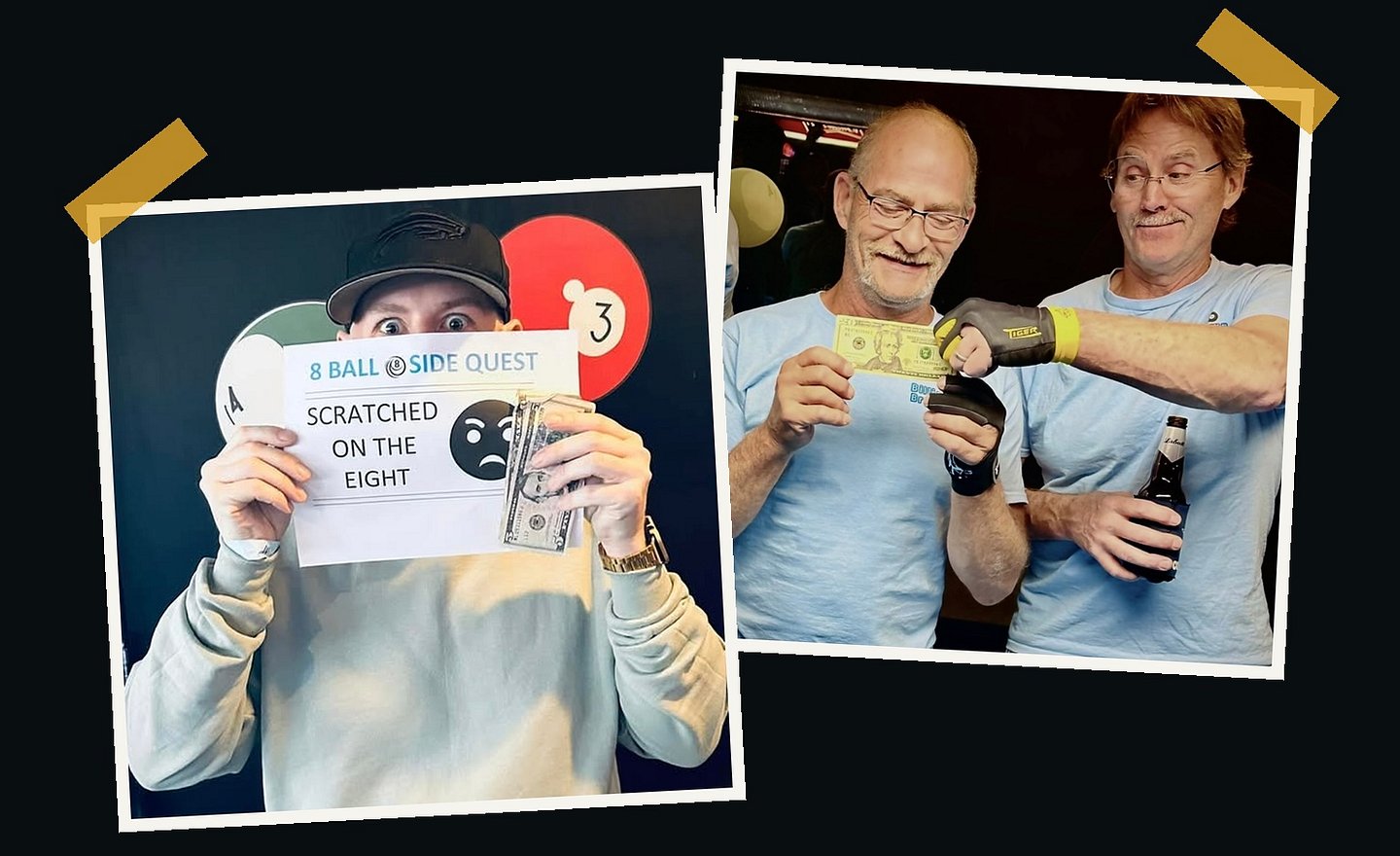 Check My Rack Side Quest scrapbook collage featuring two real pool players during tournament moments