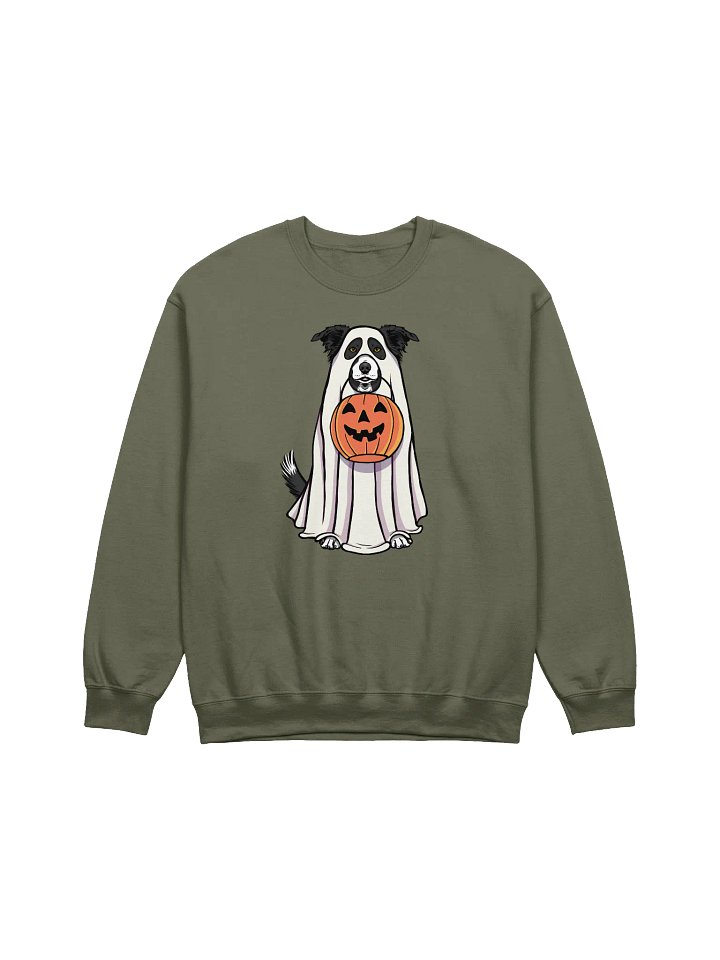 Funny Halloween Border Collie Sweatshirt | Funny Border Collie Wearing a Ghost Costume and Holding a Pumpkin Basket product image (1)