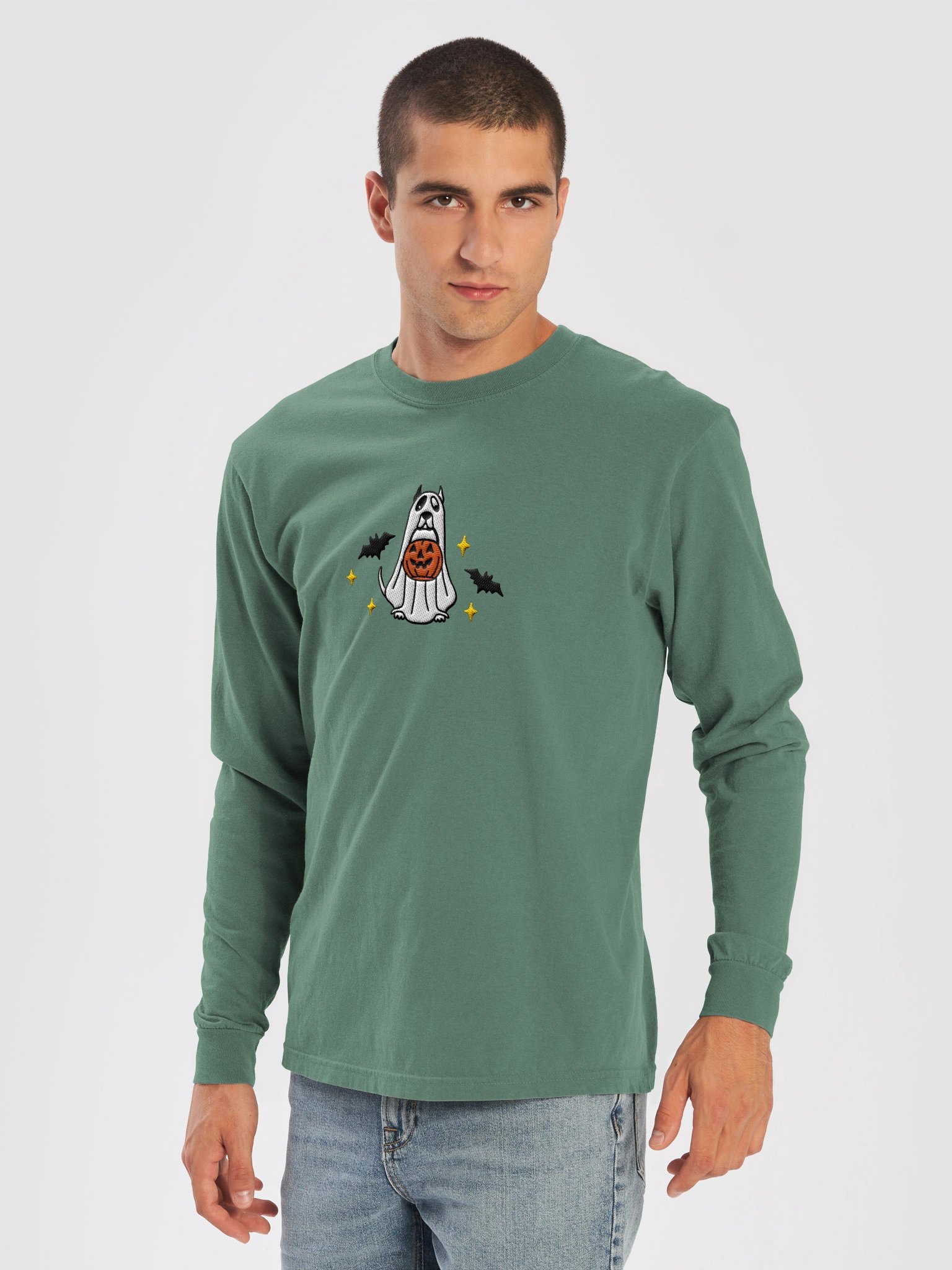 Halloween Pit Bull/ Staffordshire Terrier(White, Cropped Ears) Embroidered Long-Sleeve T-Shirt product image (29)