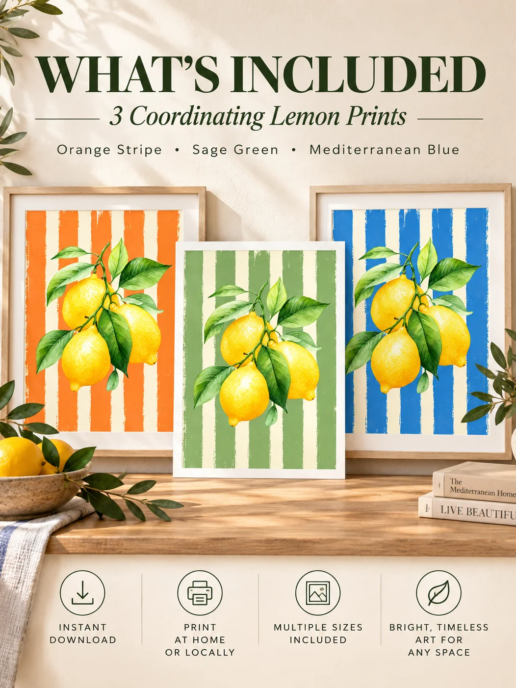 Lemon Wall Art Set | Citrus Kitchen Decor | Mediterranean Printable Posters | Orange Blue Sage Botanical Trio Download product image (2)