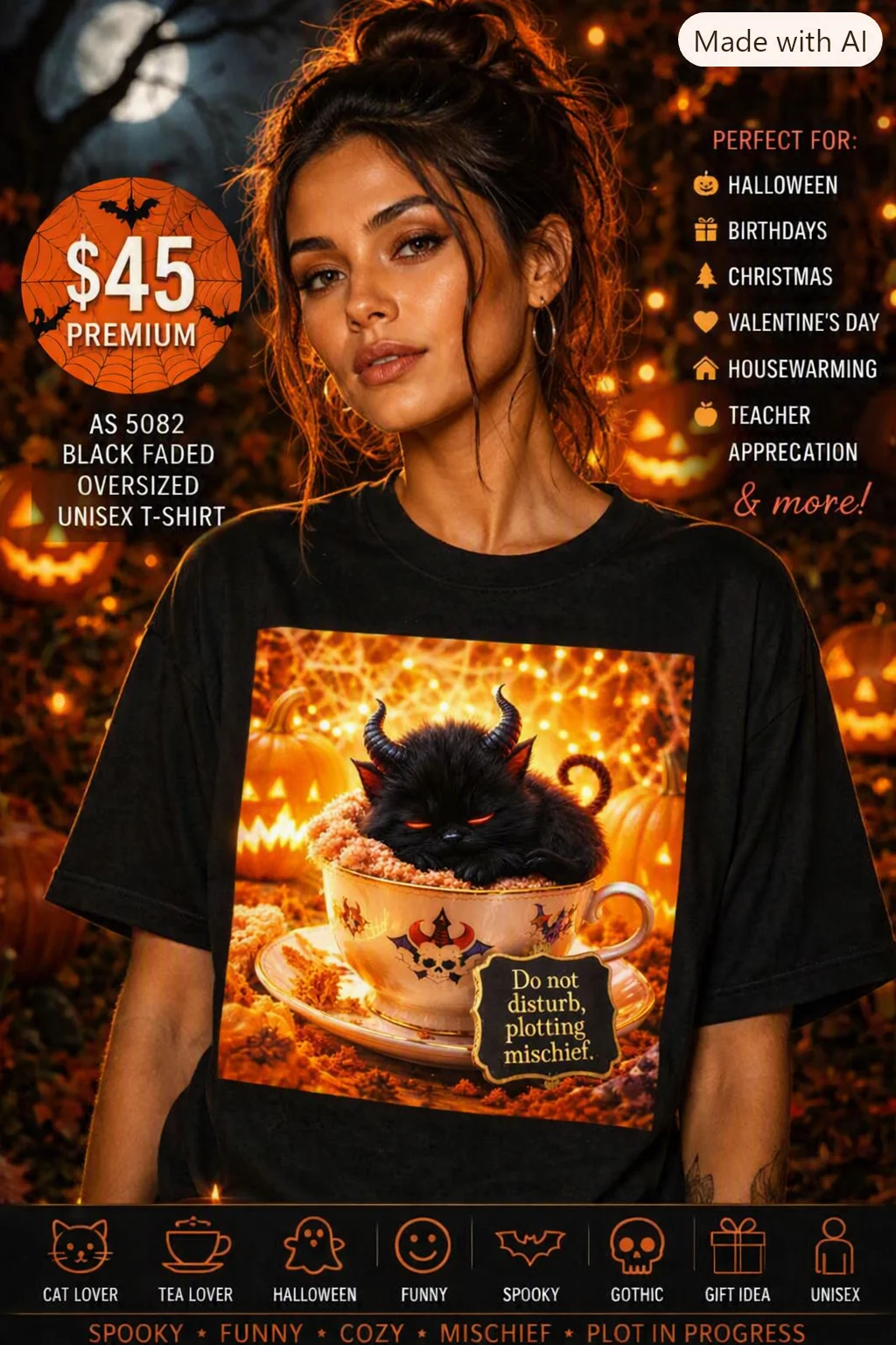 Black Faded Oversized Unisex T-Shirt | Funny Demon Cat Halloween Gift for Cat & Tea Lovers Tee product image (1)