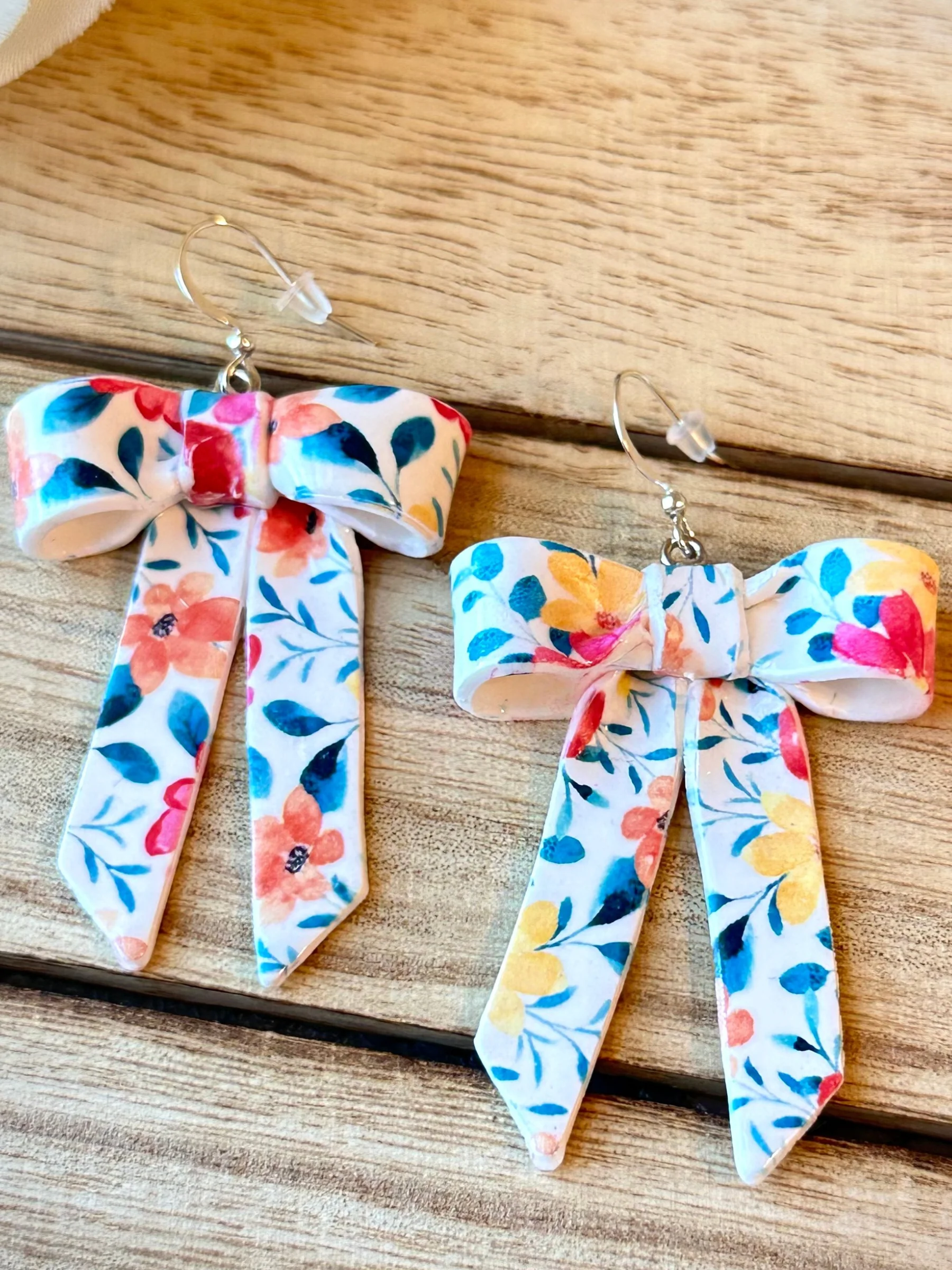 Floral Ribbon Bow Earrings – Handmade Clay Statement Dangles product image (5)