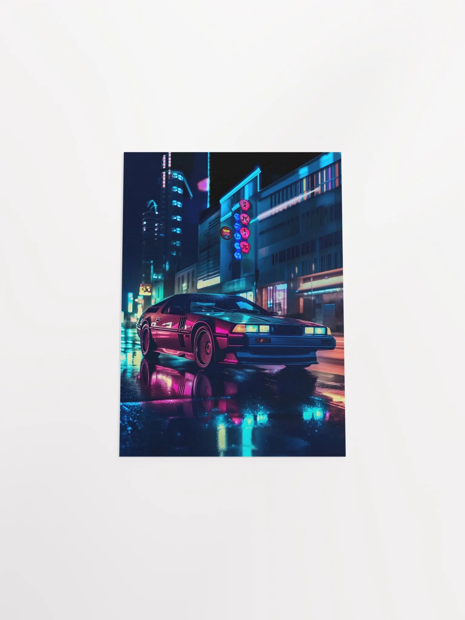 Sleek retrowave car DMC DeLorean with synthwave neon lights [synthwave/vaporwave/cyberpunk] — aesthetic art print product image (9)
