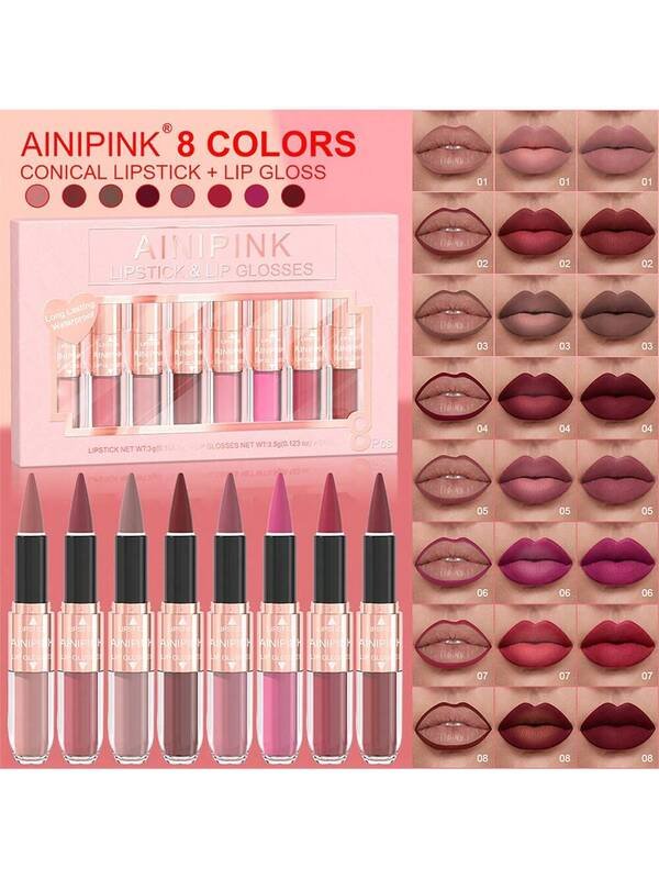 AINIPINK 8pcs [ Lip Gloss + Lipstick ], 2-In-1 Matte Easy To Color, Waterproof, Sweat-Proof, Non-Stick To Cup, Non-Fading, Long-Lasting, Exquisite, Suitable For Gifts, Festival Makeup product image (1)