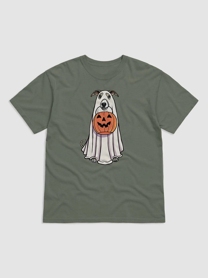 Funny Halloween Whippet(Fawn Brindle) T-Shirt | Funny Dog Wearing a Ghost Costume and Holding a Pumpkin Basket product image (1)
