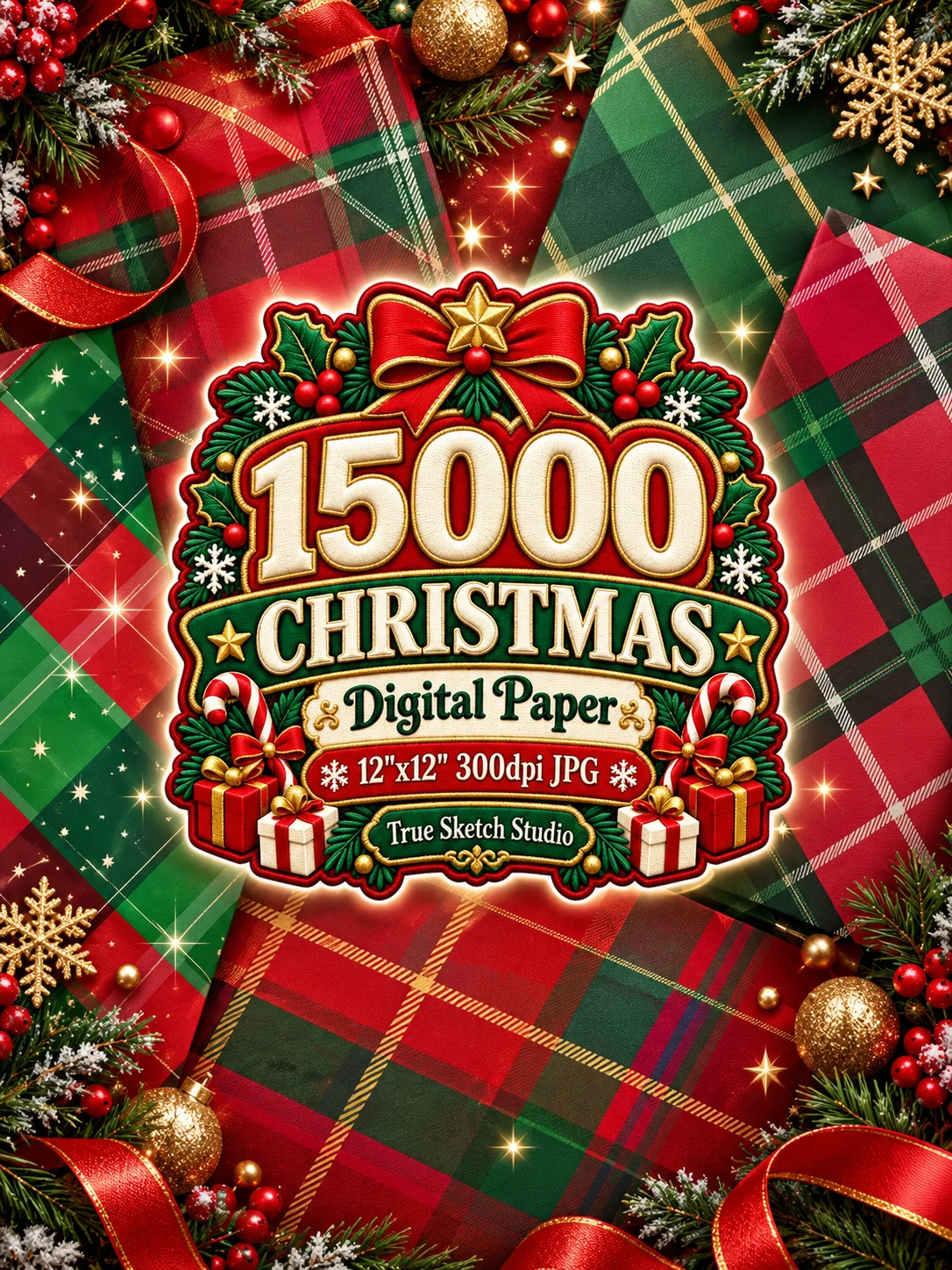 15000 Christmas Digital Paper Bundle, 12x12 JPG, Holiday Scrapbook Paper, Xmas Backgrounds, Printable Pattern Mega Bundle product image (2)