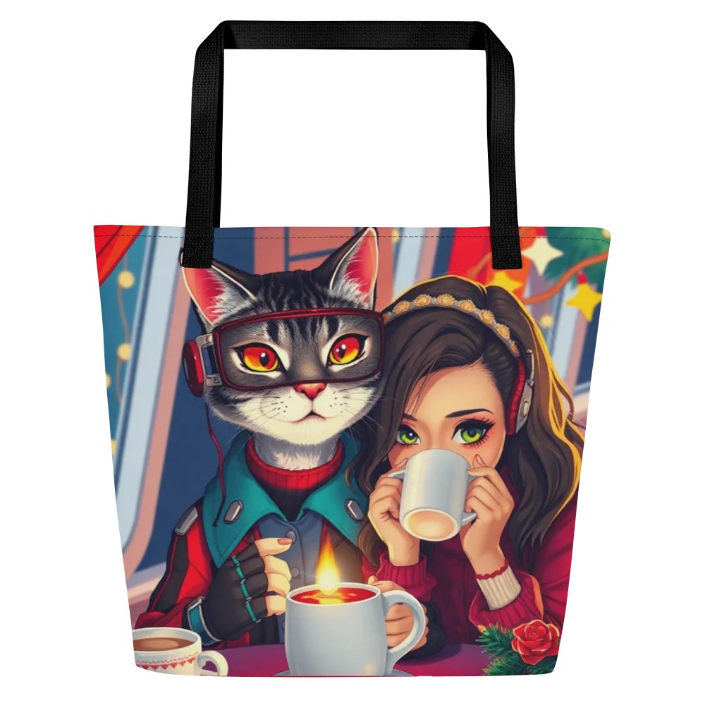 Large Tote Bag w/ Pocket-☕ "Warm Whiskers & Holiday Sips" product image (3)