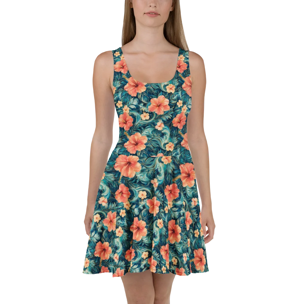 Coral Hibiscus Bloom Skater Dress product image (2)