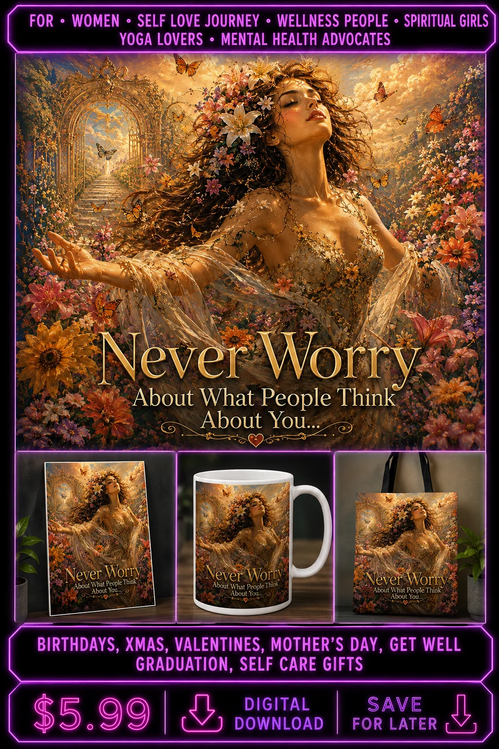Never Worry What People Think Self Love Wall Art Gift For Women Wellness Motivation Poster product image (1)