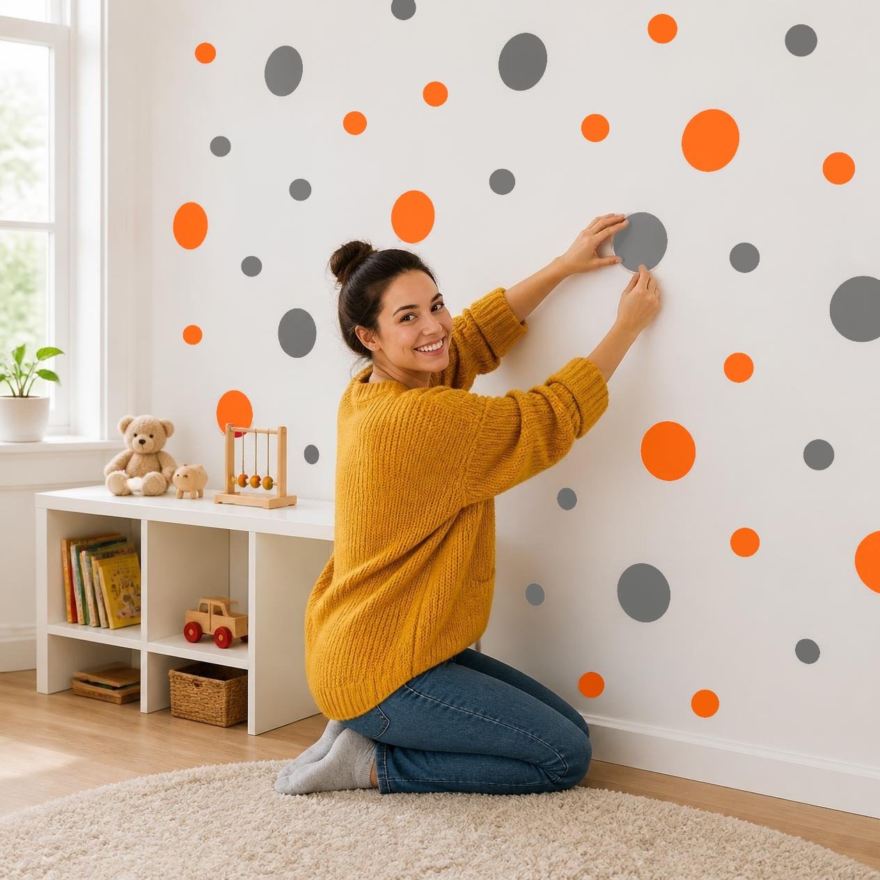 Grey and Orange Polka Dot Wall Decals, 2" and 4" Vinyl Circle Stickers, Removable Dot Decals for Nursery, Kids Room, Playroom product image (2)