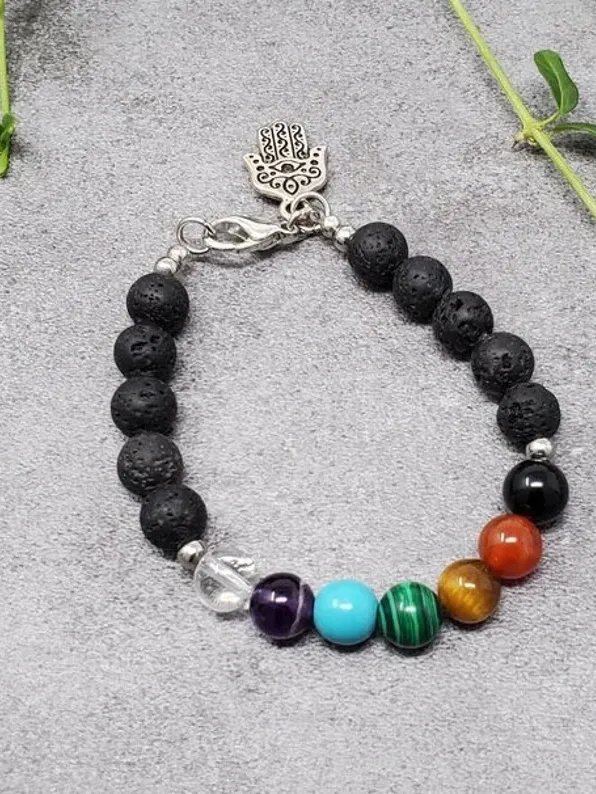Chakra Aromatherapy Bracelet – Lava Stone, 7 Chakra Healing Crystals & Hamsa Protection Jewelry product image (2)