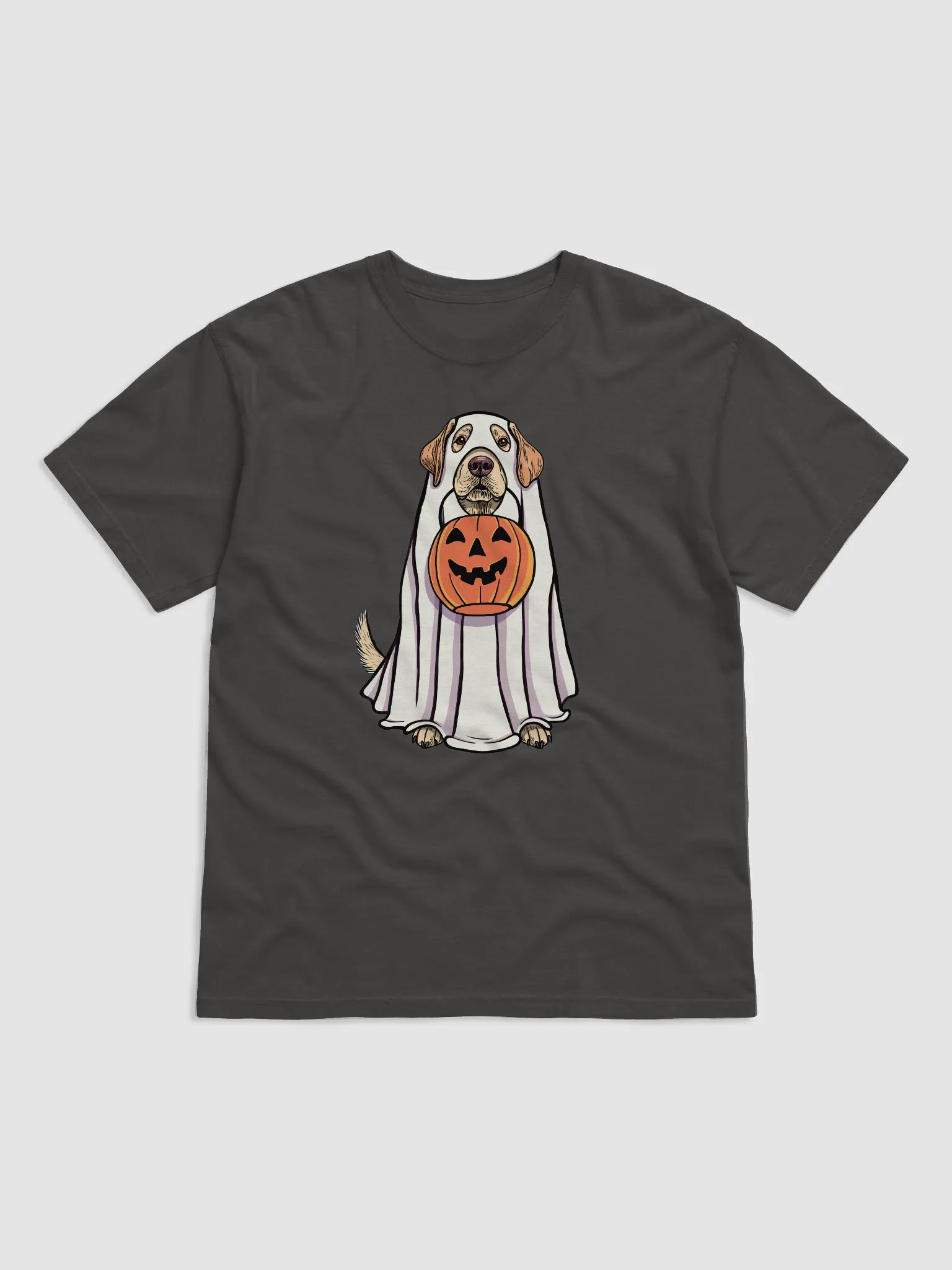 Funny Halloween Labrador Retriever T-Shirt | Funny Labrador Wearing a Ghost Costume and Holding a Pumpkin Basket product image (1)