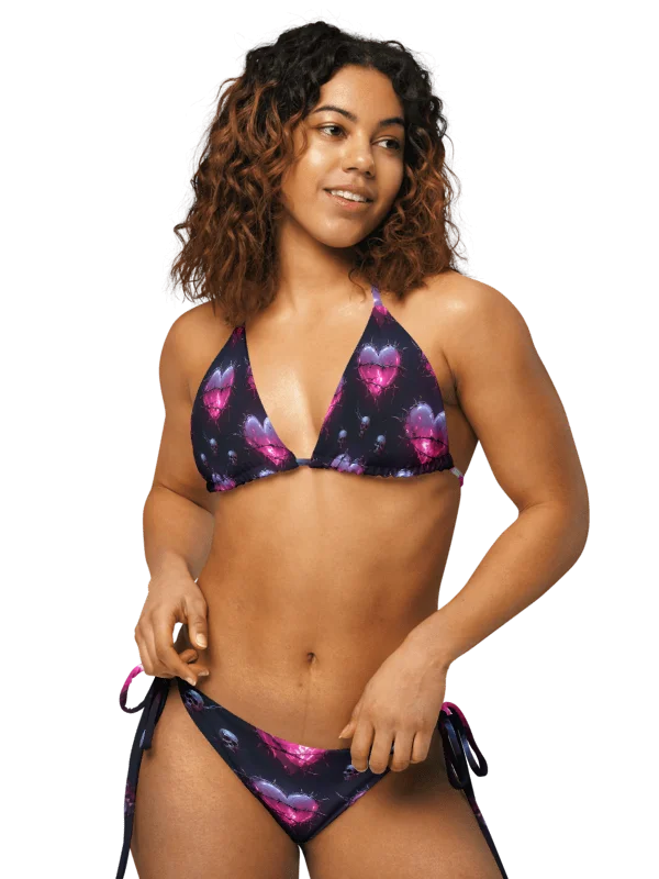 Gothic Heart Skull Bikini - Dark Pink Neon Hearts & Skulls Recycled Two-Piece Swimsuit product image (1)