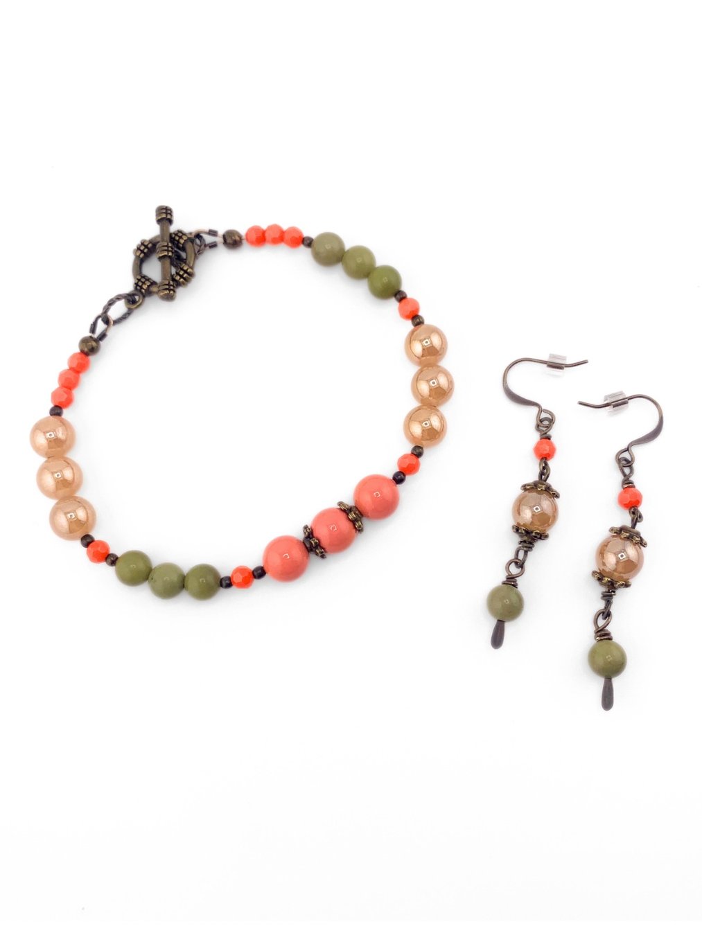 Glass Beaded Single Strand Necklace Set - Peach, Green product image (5)
