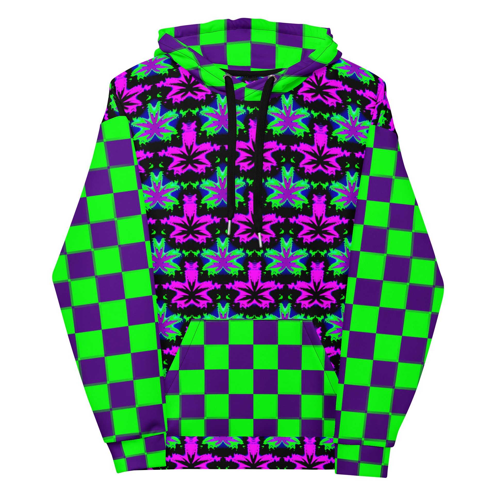 Pot Leaf 420 Festival Hoodie, Cannabis Clowncore Checkers Clothing, Neon Retro Raver Stoner Fashion, Twisted Techno Top, Weird Weed EDM Wear product image (2)