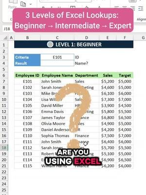 3 Levels of Excel Lookups: Beginner → Intermediate → Expert #tiktokadaptationcontest #excel #exceltips #learnontiktok #fyp 
