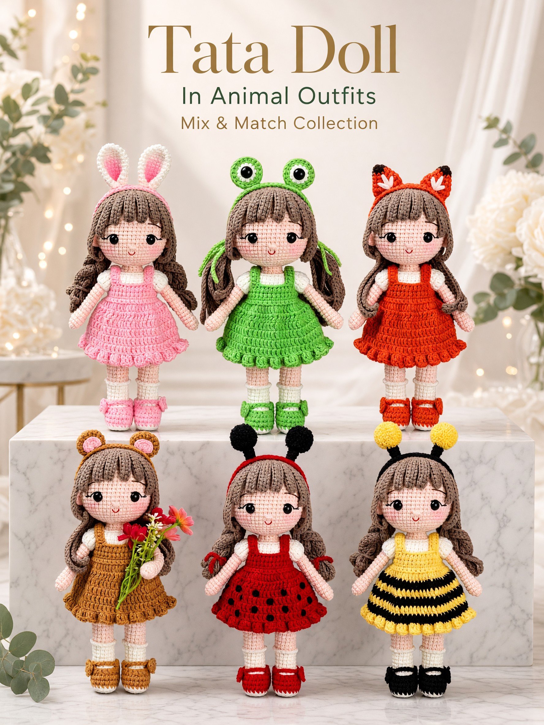 PDF | Crochet Tata Doll in Animal Outfits | 6 in 1 Amigurumi Doll Pattern Bundle product image (1)