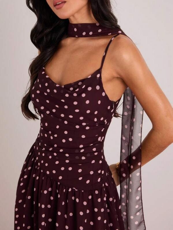 Women's Brown White Polka Dot Sleeveless Dress with Neck Ribbon product image (3)