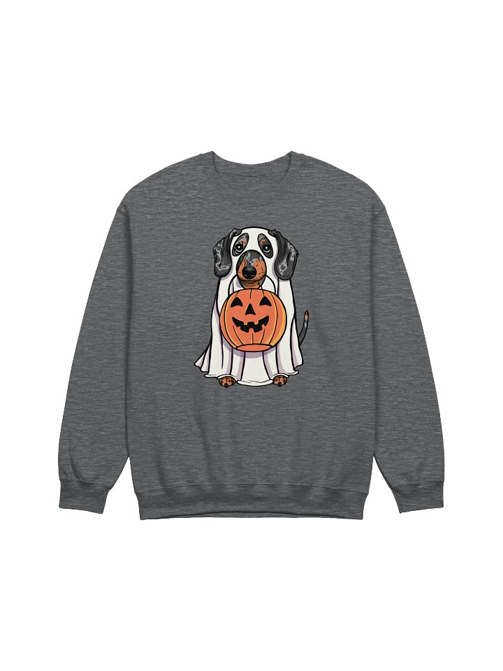 Funny Halloween Dachshund(Dapple) Sweatshirt | Funny Doxie/Wiener Wearing a Ghost Costume and Holding a Pumpkin Basket product image (1)