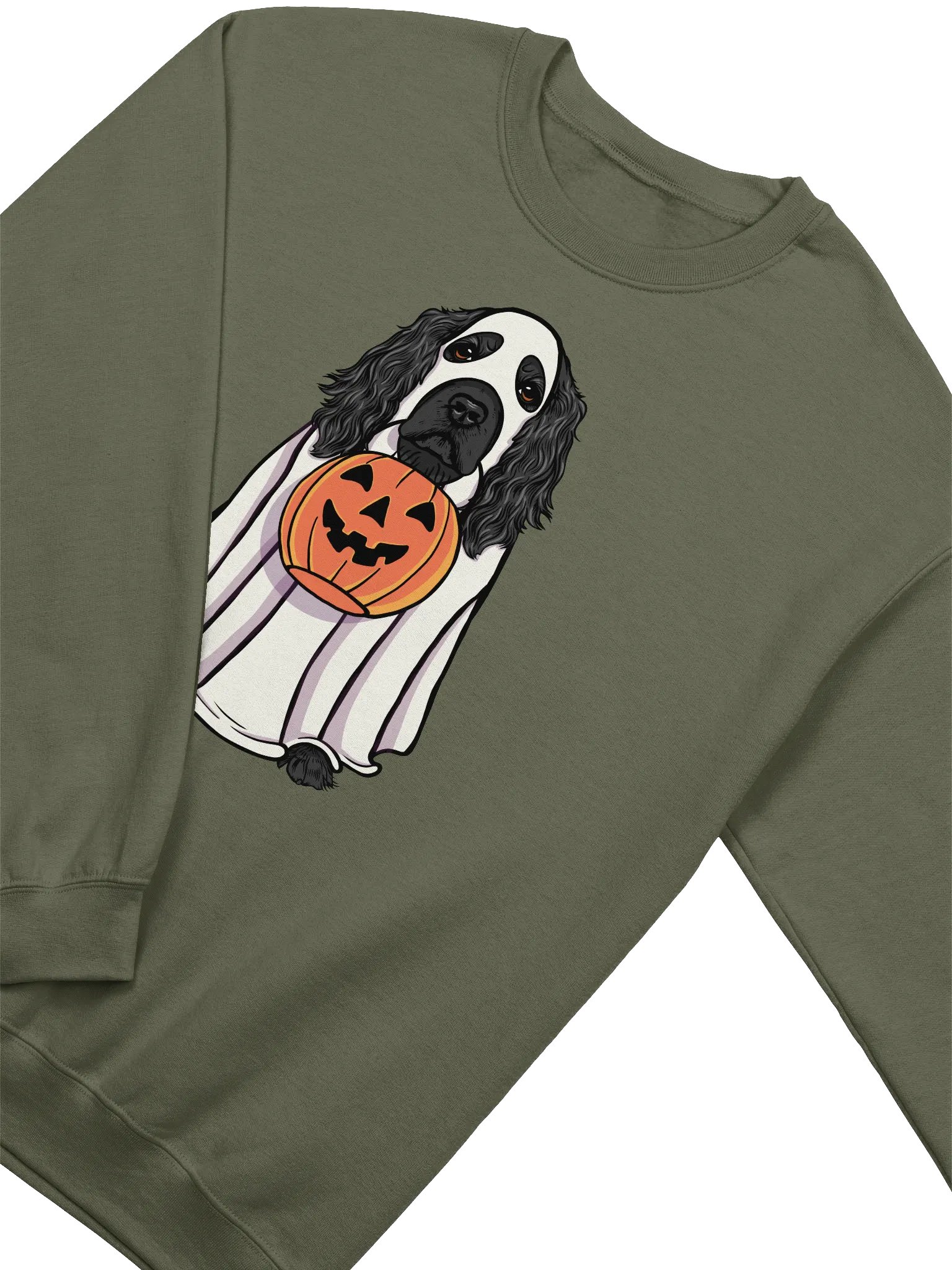 Funny Halloween Cocker Spaniel(Black) Sweatshirt | Funny Cocker Spaniel Wearing a Ghost Costume and Holding a Pumpkin Basket product image (4)