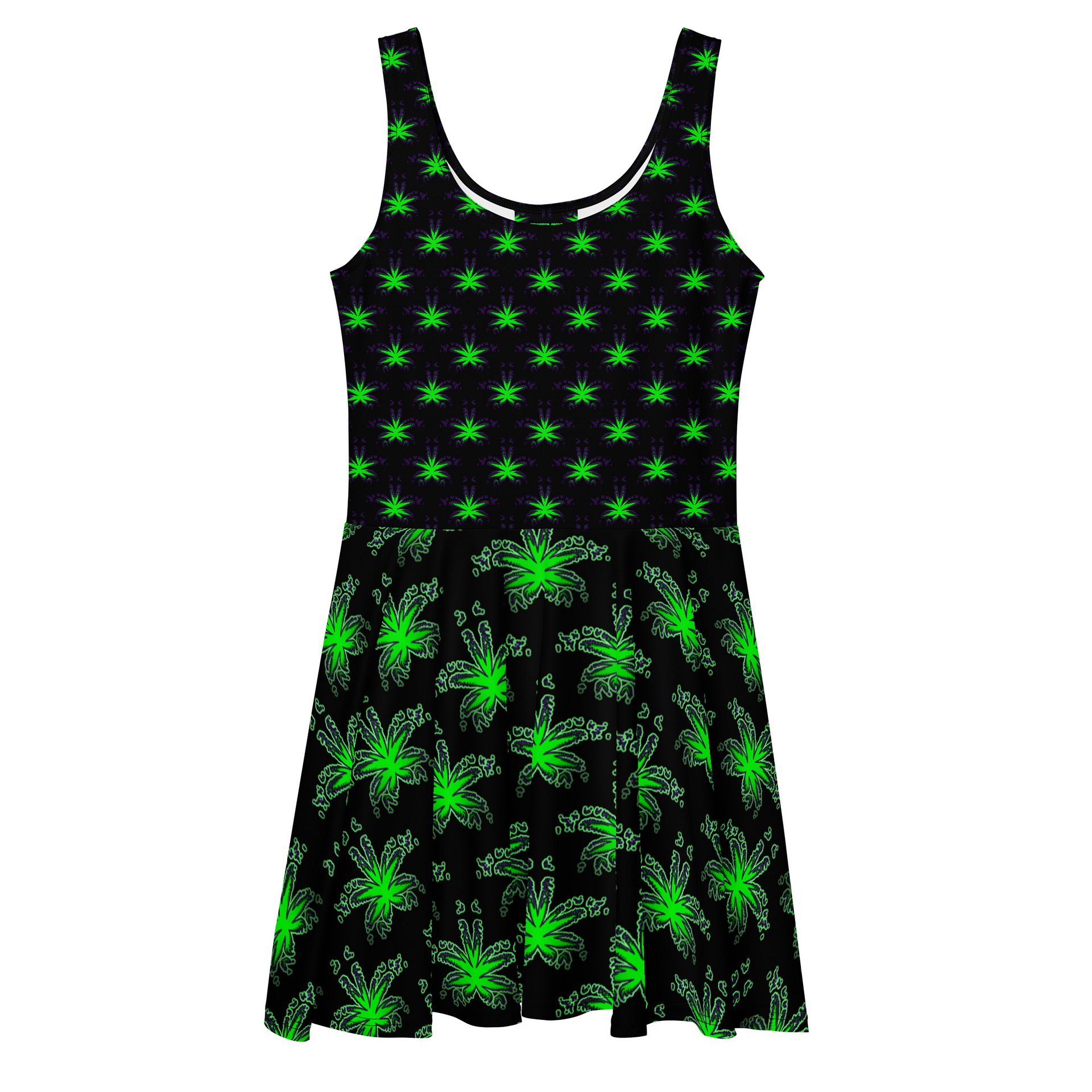 Cannabis Stoner Skater Dress, Pot Leaf Festival Outfit, 420 Weed Rave Wear, Black Neon Green Ganja Goth Clothing, Fun Alternative Fashion product image (1)