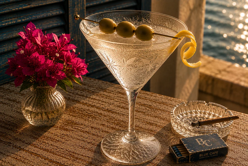 Close-up of a martini with olives and a lemon twist on a coastal table at sunset, beside bougainvillea, a cigar, and a vintage Blue Cafe matchbox.